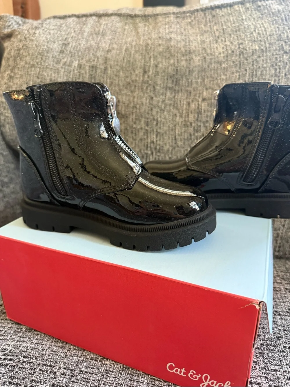 Glossy Black Chunky Lug Ankle Boots